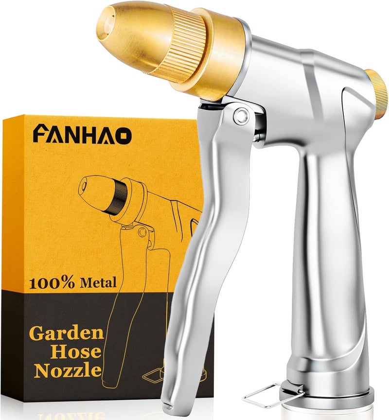 Fanhao فوهة خرطوم الحديقة مع طرف نحاسي، فوهة رش معدنية ثقيلة 100%، فوهة ماء عالية الضغط مع أنماط رش قابلة للتعديل لري النباتات، وغسل السيارات، واستحمام الحيوانات الأليفة. - Image 1